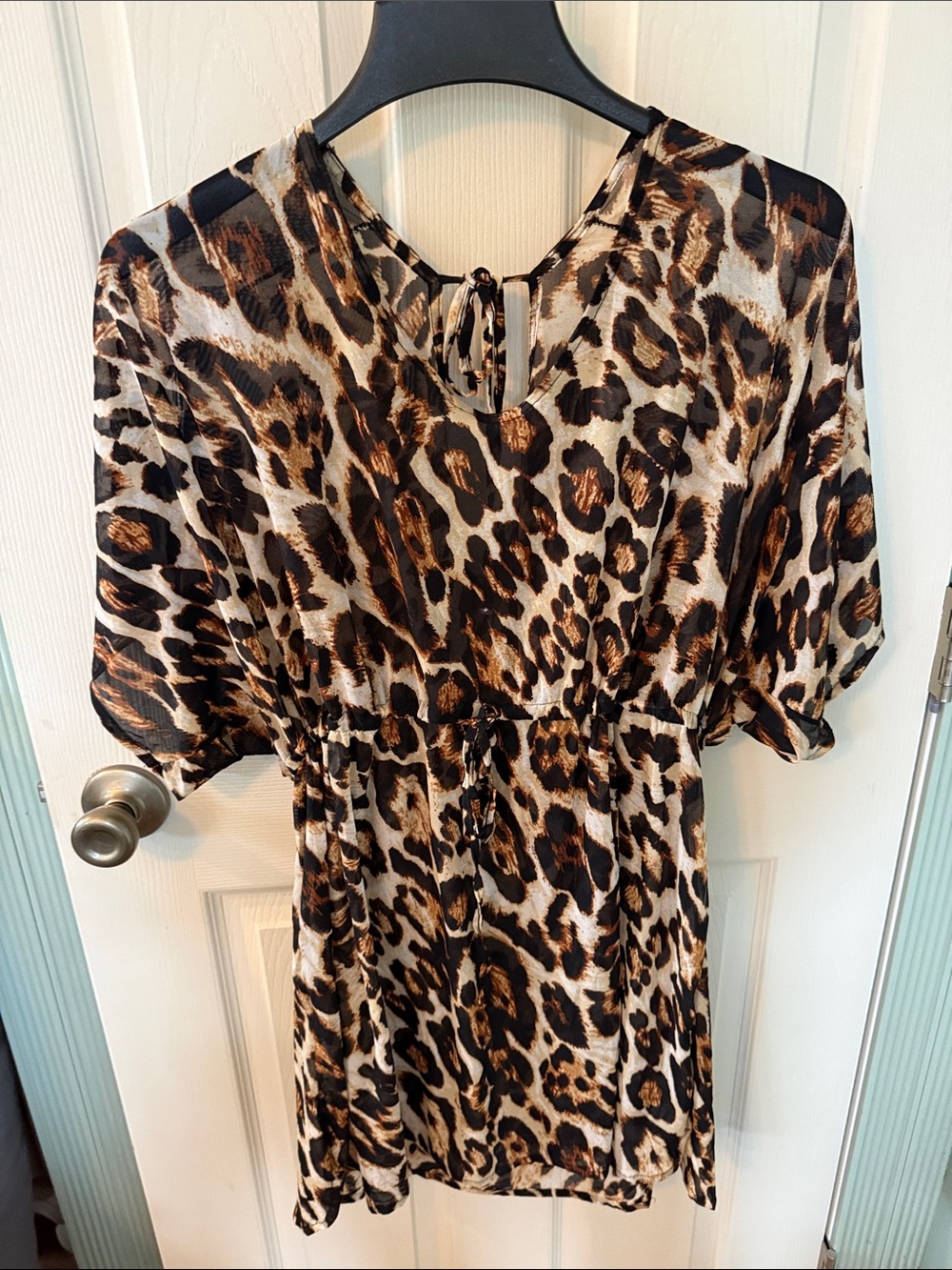 Leopard Print Tie-Neck Tunic Dress in Brown and Black